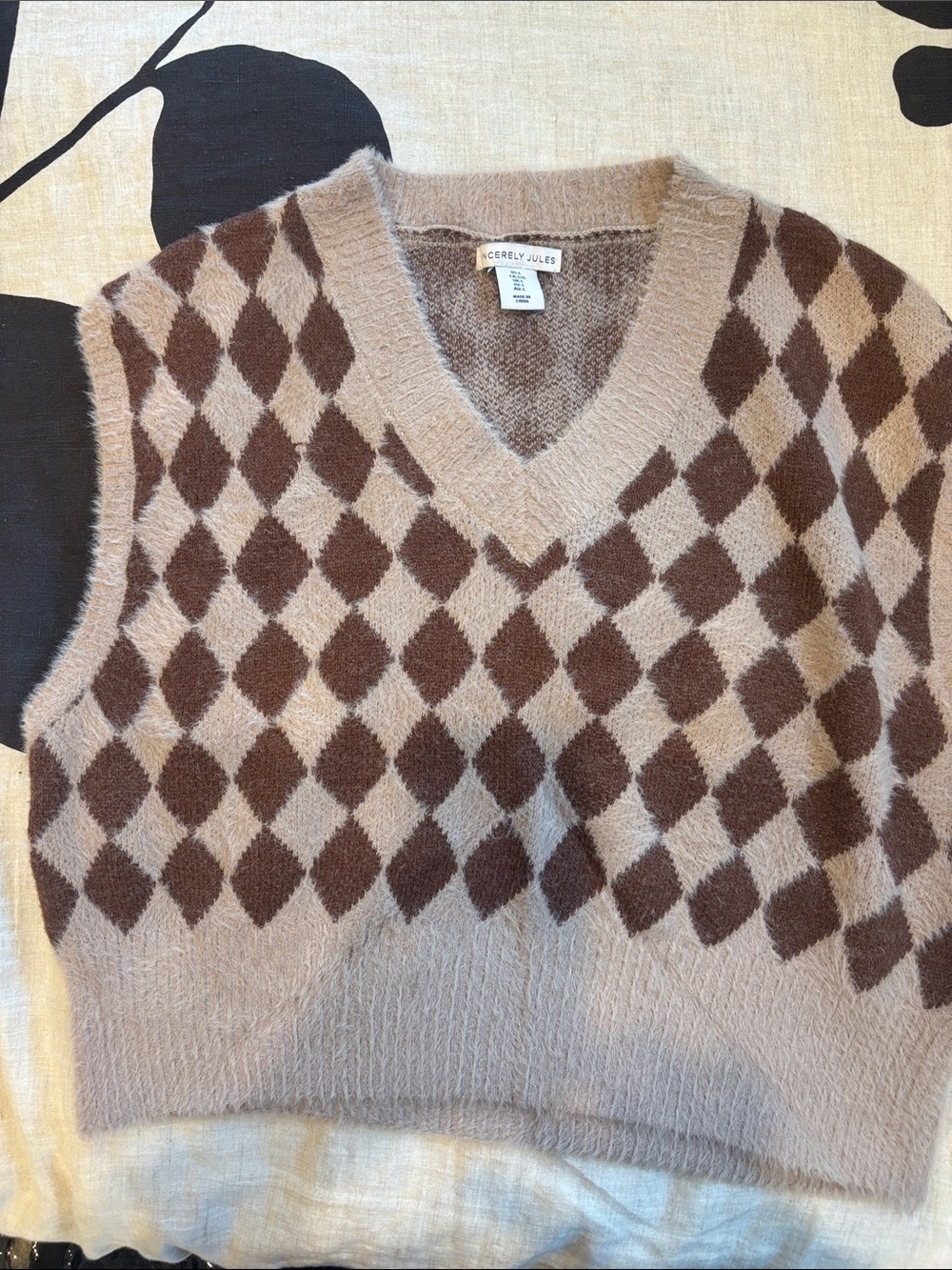 Sincerly Jules Brown and Taupe Argyle V-Neck Sweater Vest